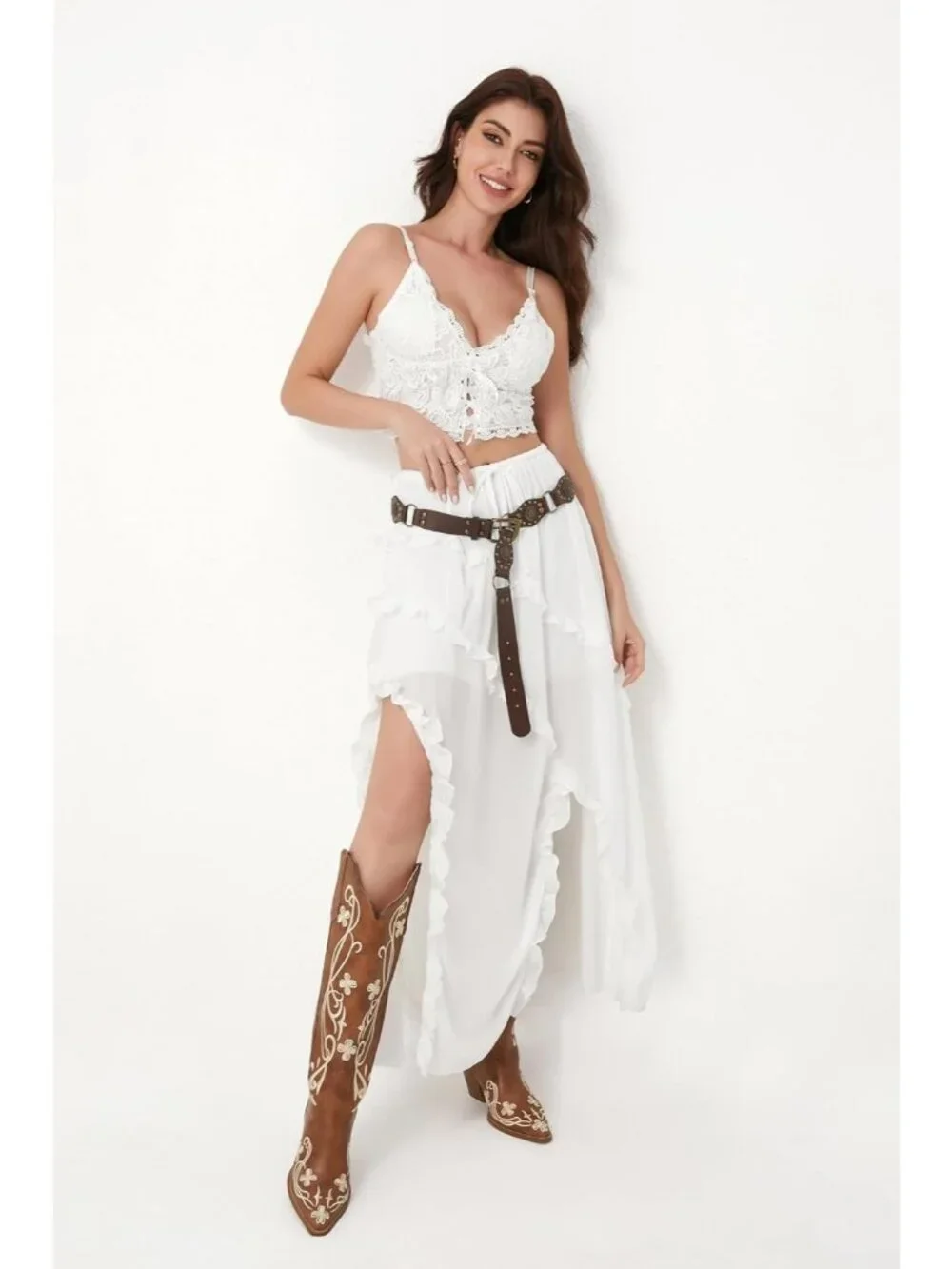 Women's Light Brown pu Knee High Floral Embroidered Vintage Cowgirl Boots